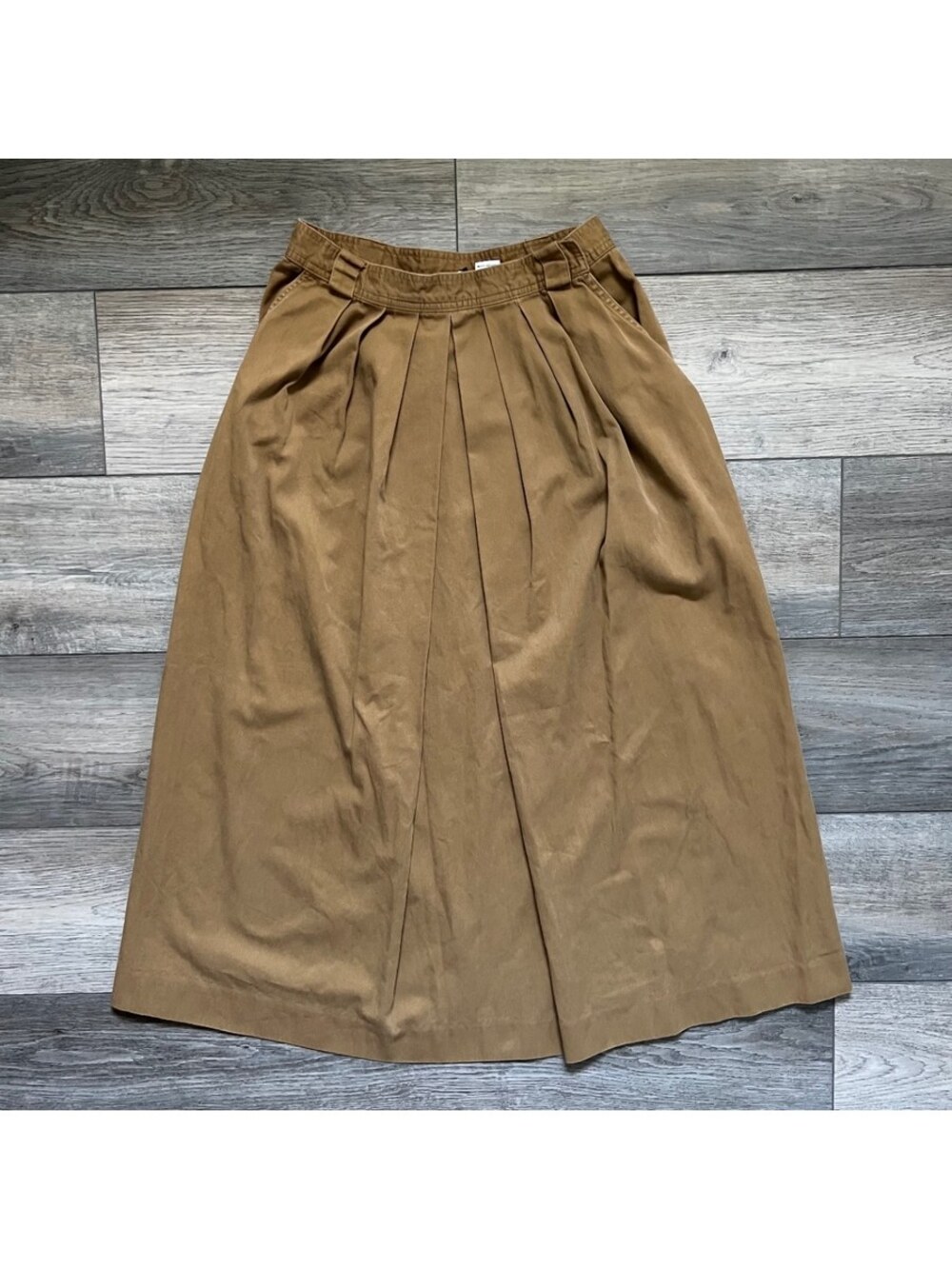 Vintage Lands End Womens 10 Pleated Midi Skirt Brown Cotton Pockets Academia USA
